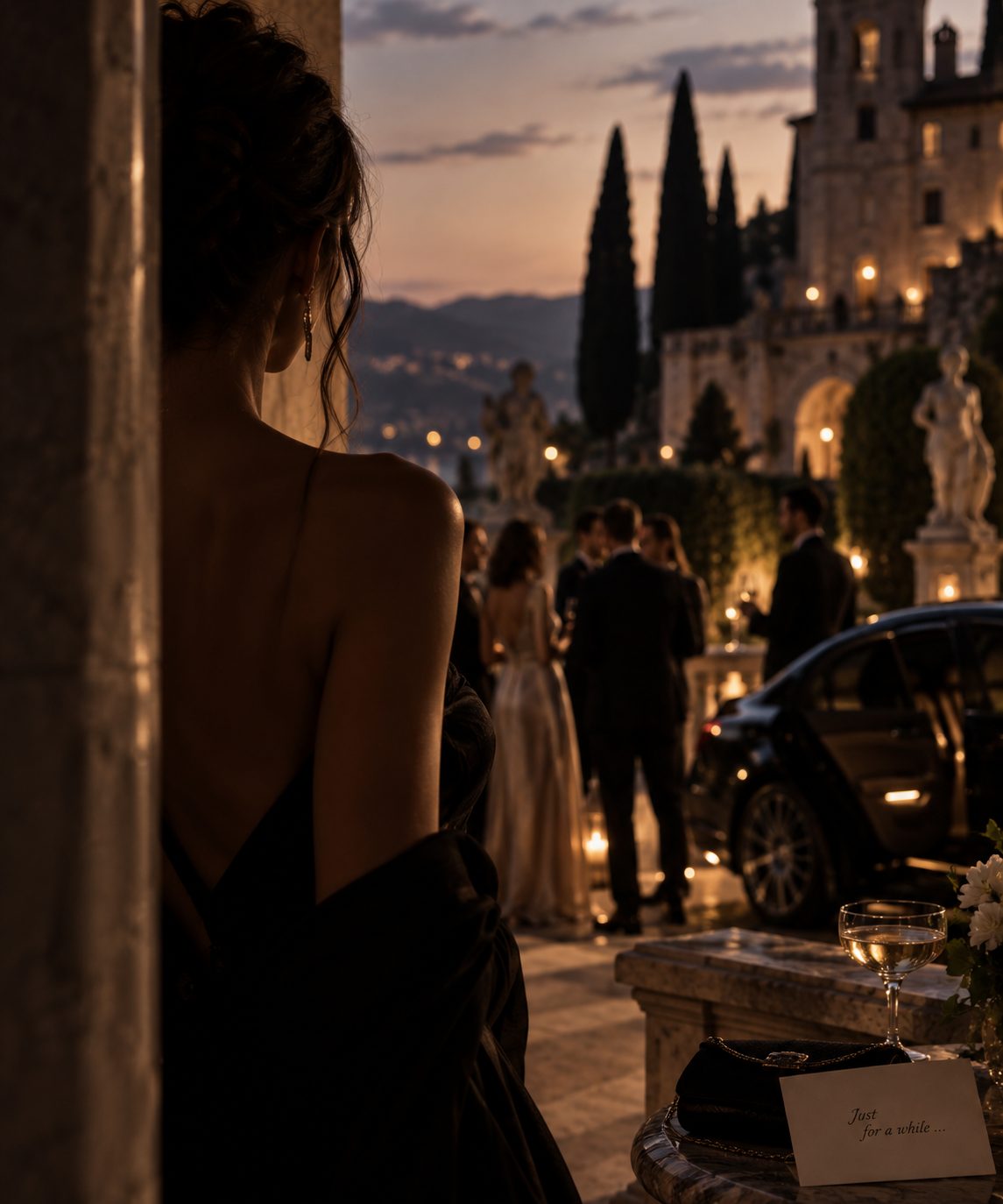 A terrace above an Italian villa at dusk