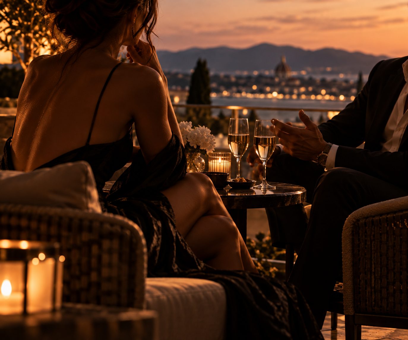 A terrace above a city at dusk, two glasses and candlelight