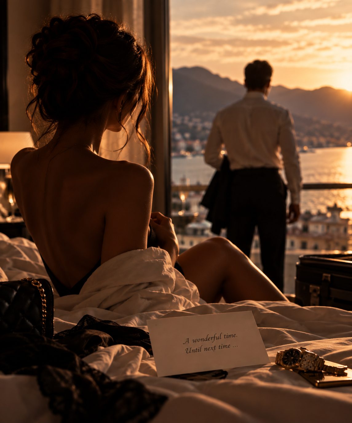 A hotel suite at sunrise, a note left on the bed